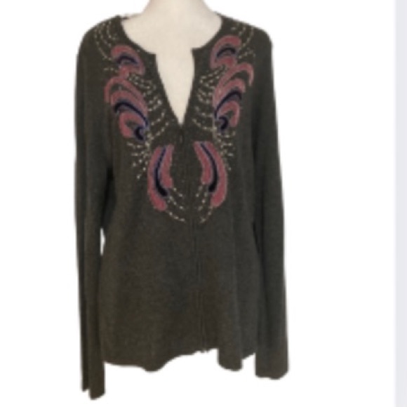 NWT Reba Lightweight Embroidered With Beads Gray & Pink/Purple Zip-up Cardigan - Picture 1 of 12